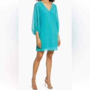 NWT Eliza J Teal Shirred Chiffon Dress
